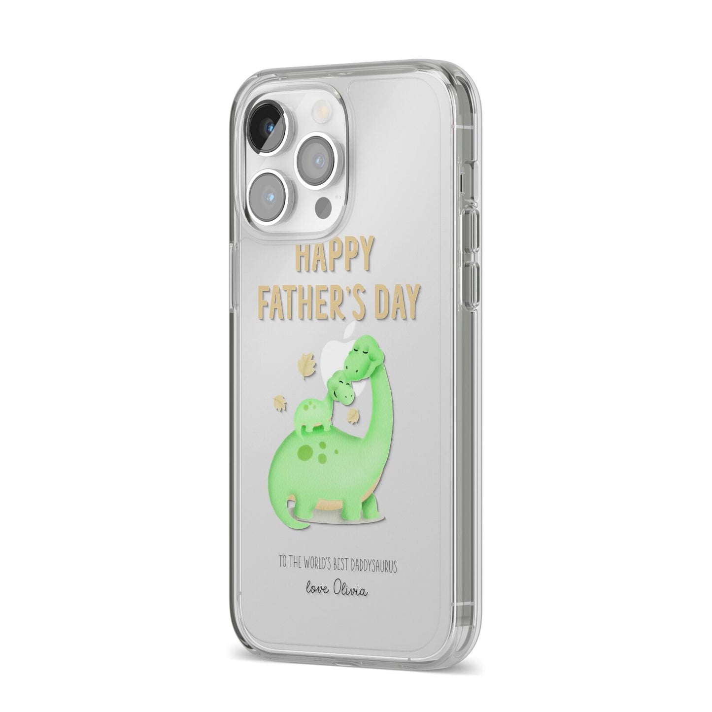 Happy Fathers Day Dino iPhone 14 Pro Max Clear Tough Case Silver Angled Image