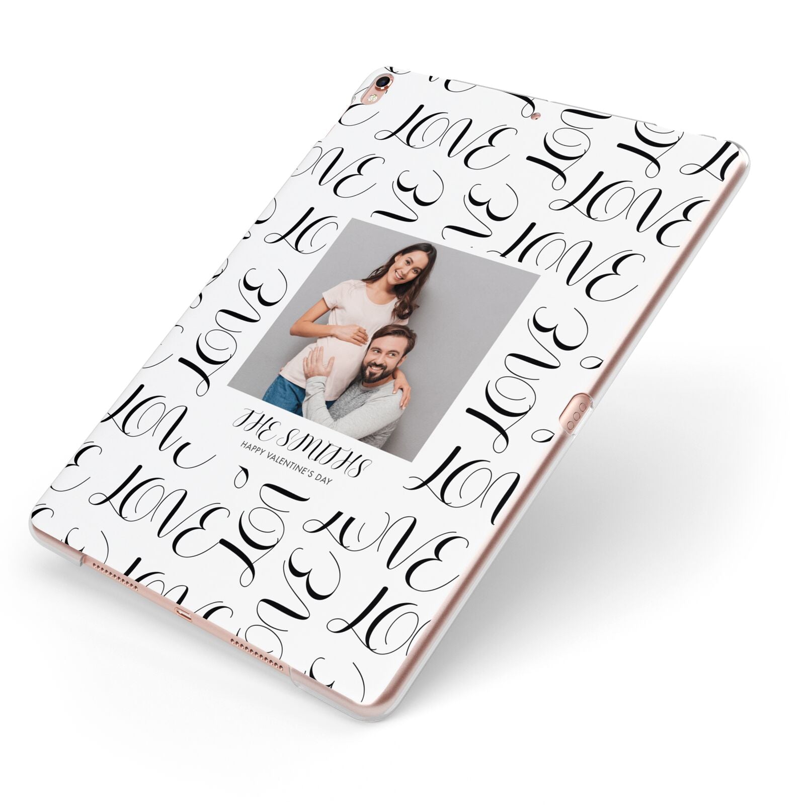 Happy Valentines Day Photo Upload Apple iPad Case on Rose Gold iPad Side View