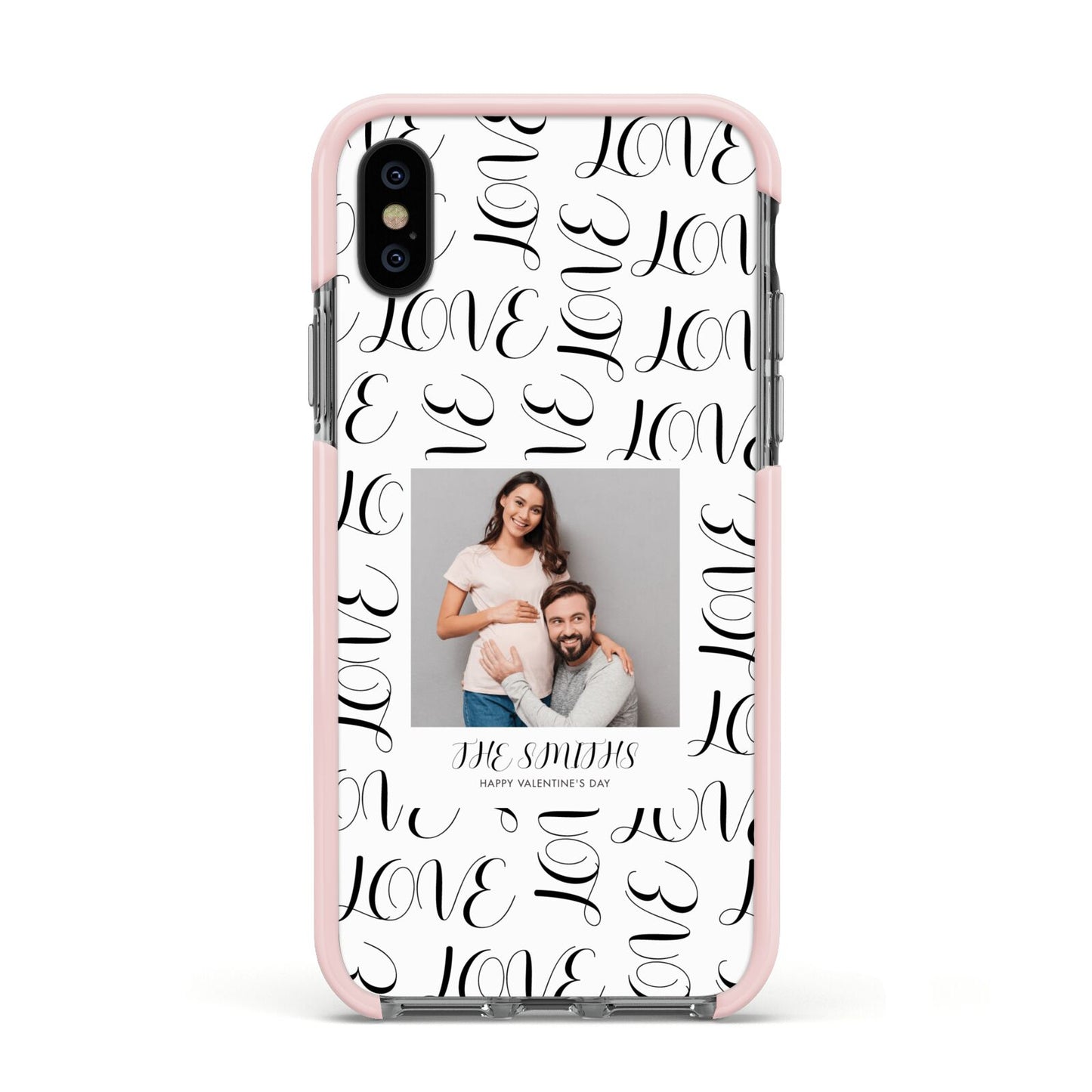 Happy Valentines Day Photo Upload Apple iPhone Xs Impact Case Pink Edge on Black Phone