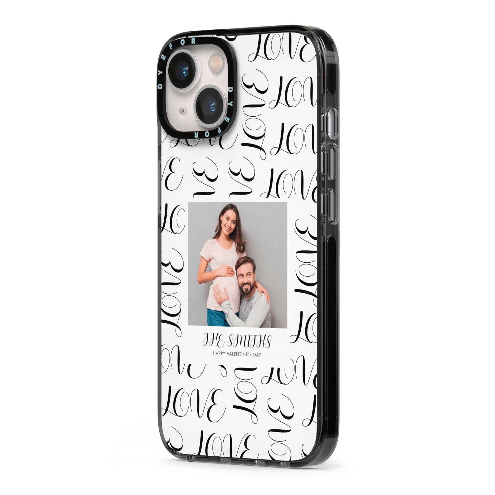 Happy Valentines Day Photo Upload iPhone 13 Black Impact Case Side Angle on Silver phone