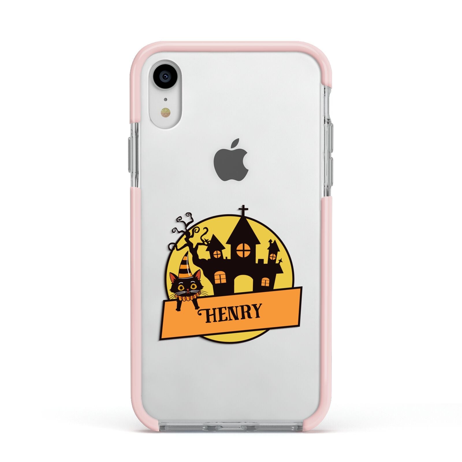 Haunted House Silhouette Custom Apple iPhone XR Impact Case Pink Edge on Silver Phone