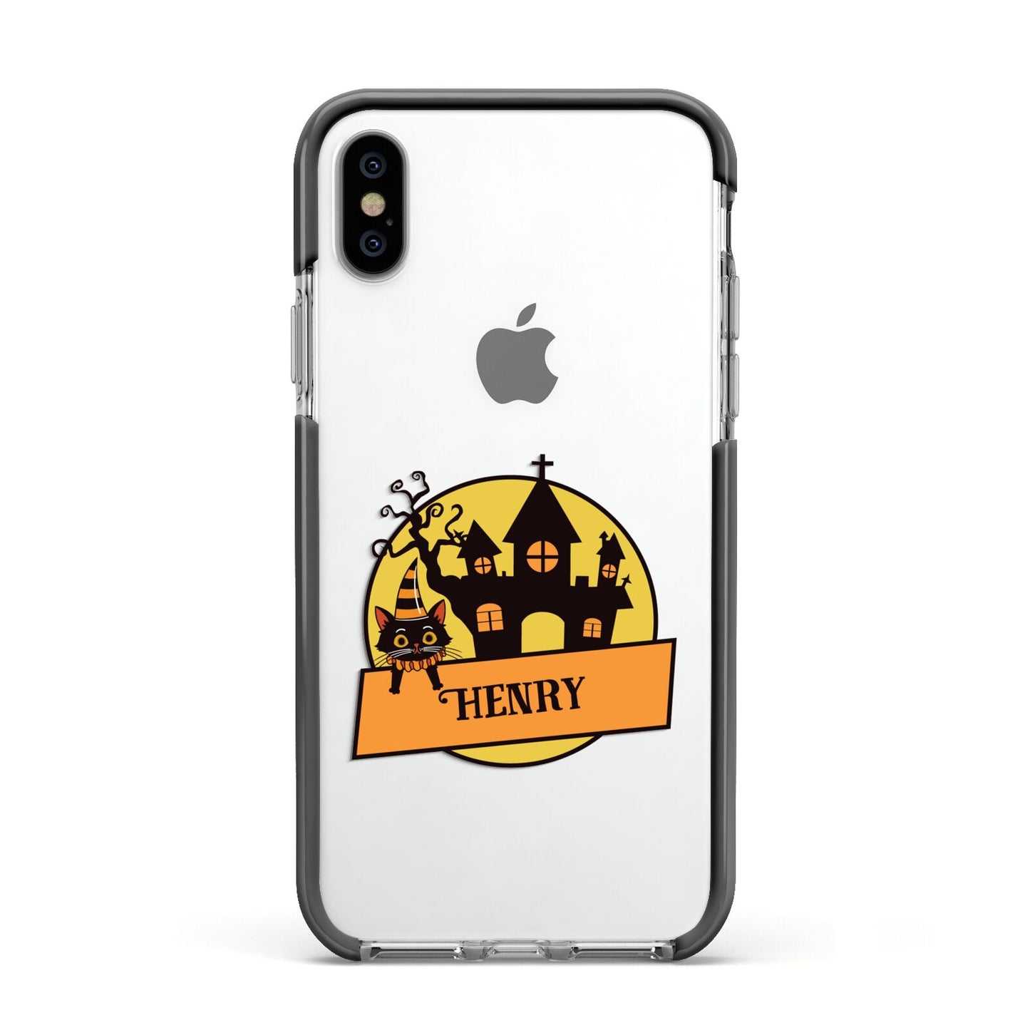 Haunted House Silhouette Custom Apple iPhone Xs Impact Case Black Edge on Silver Phone