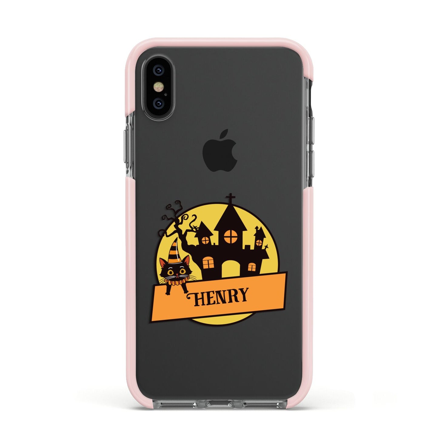 Haunted House Silhouette Custom Apple iPhone Xs Impact Case Pink Edge on Black Phone