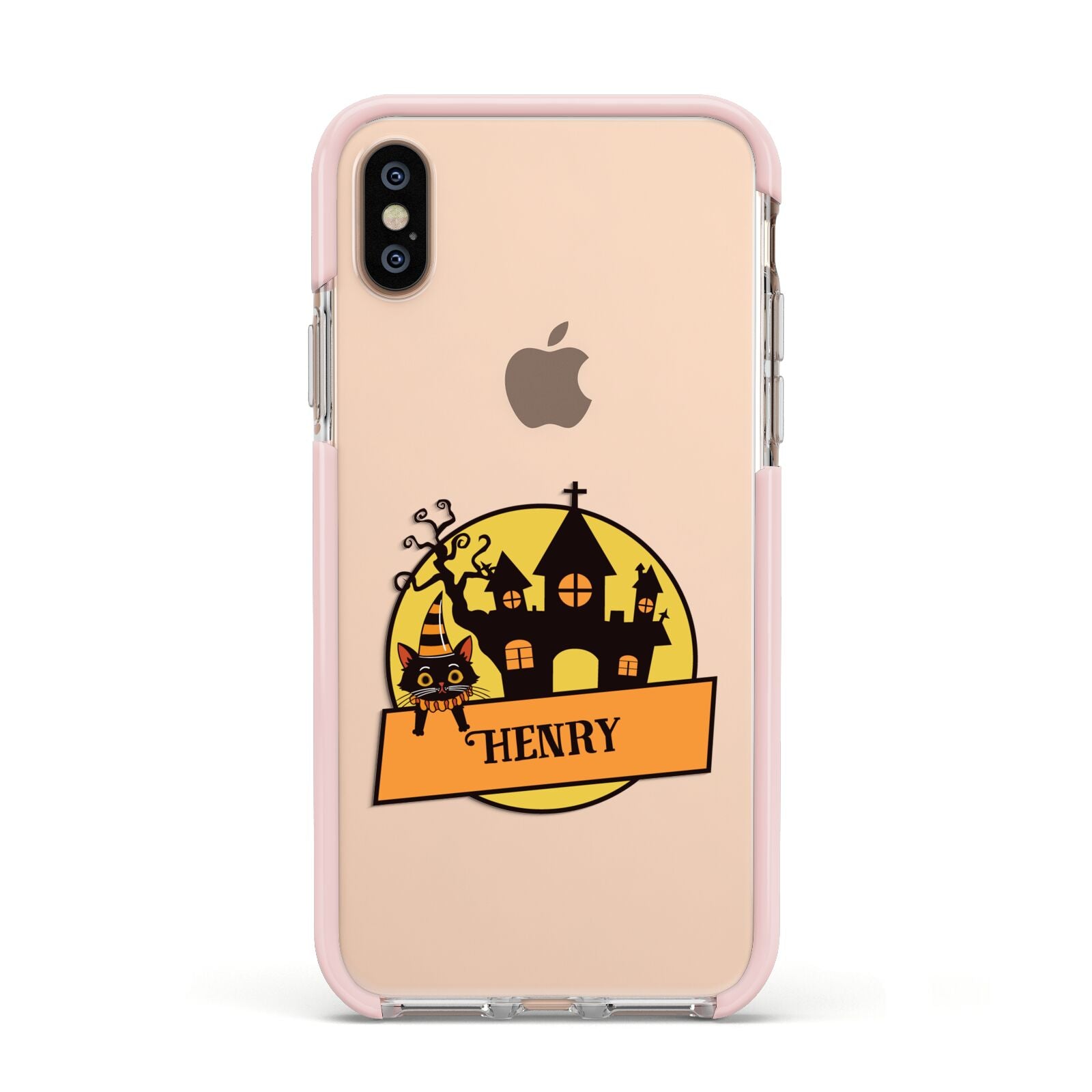 Haunted House Silhouette Custom Apple iPhone Xs Impact Case Pink Edge on Gold Phone