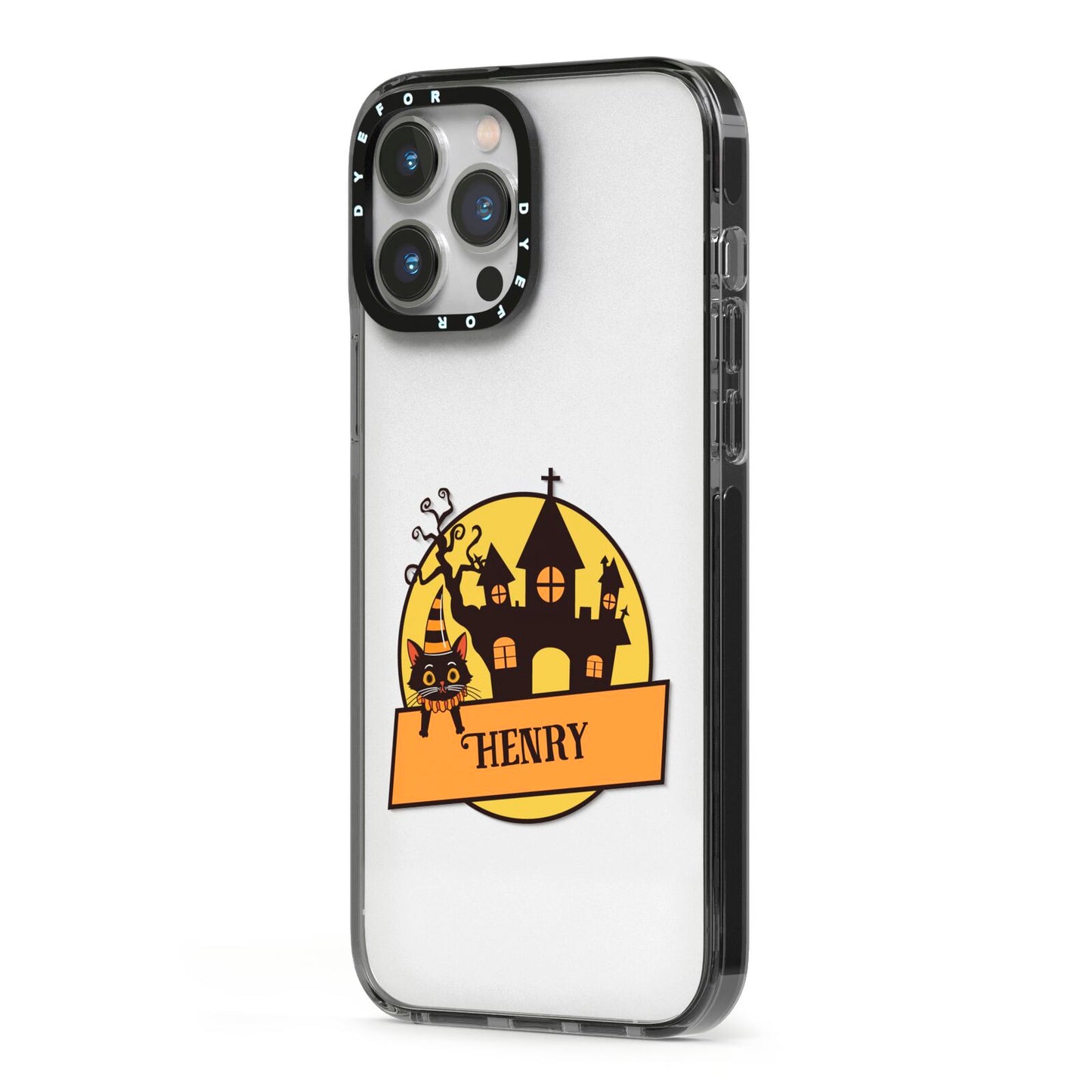 Haunted House Silhouette Custom iPhone 13 Pro Max Black Impact Case Side Angle on Silver phone