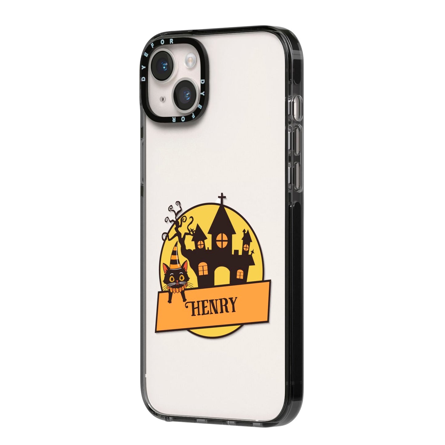 Haunted House Silhouette Custom iPhone 14 Plus Black Impact Case Side Angle on Silver phone