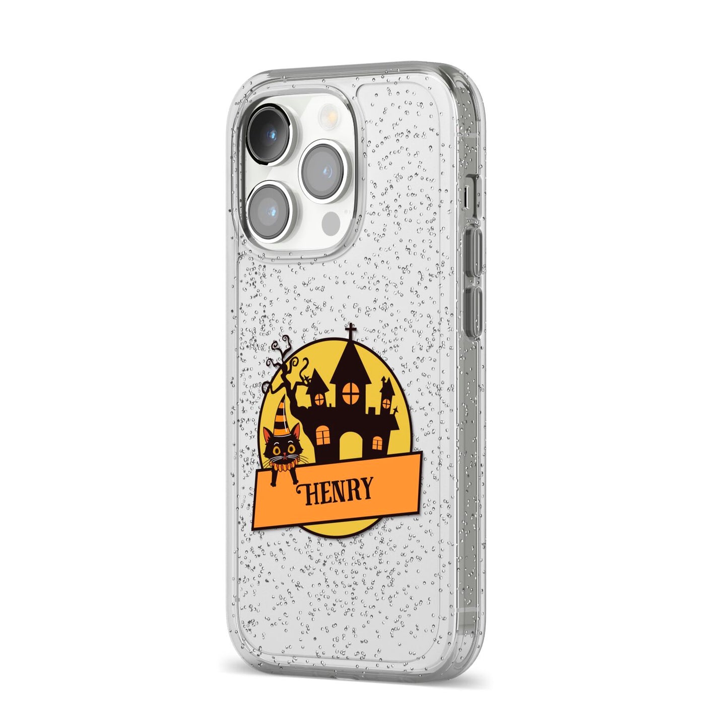 Haunted House Silhouette Custom iPhone 14 Pro Glitter Tough Case Silver Angled Image