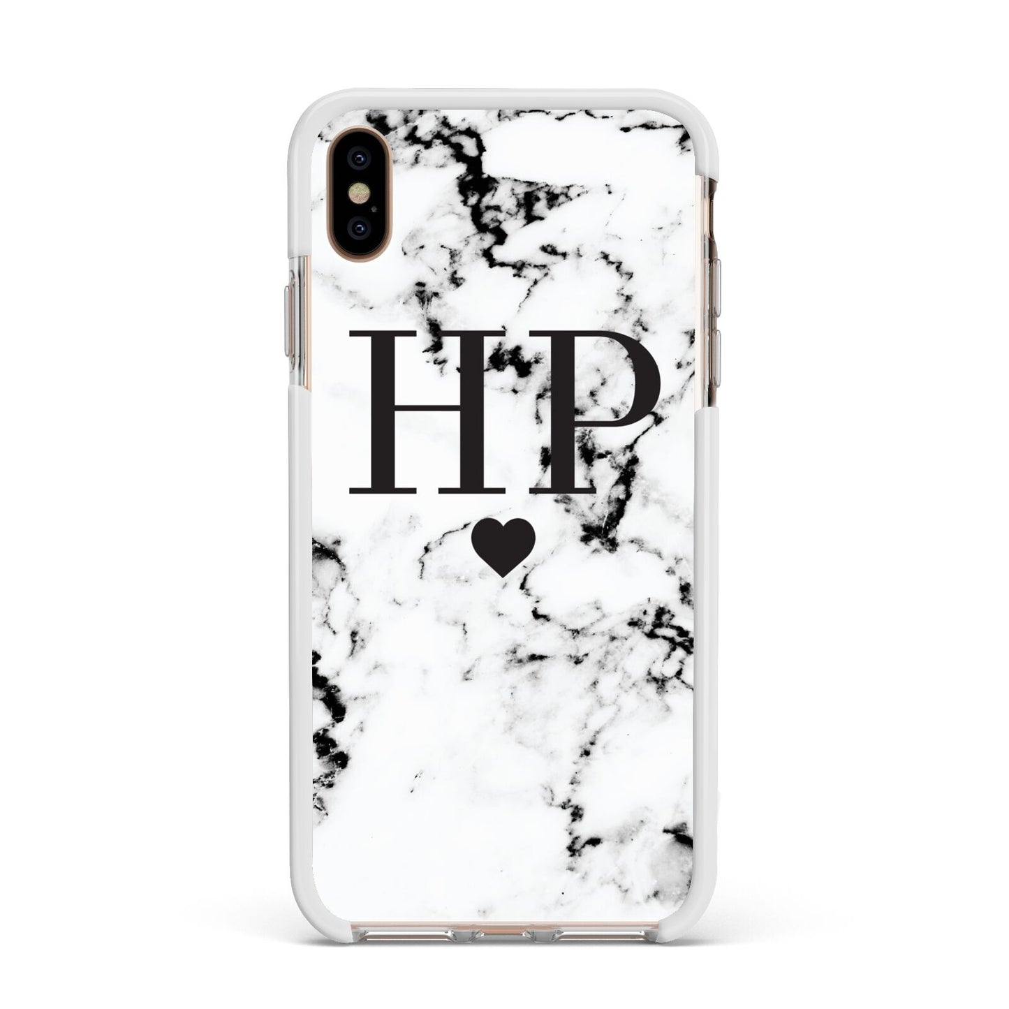 Heart Decal Marble Initials Personalised Apple iPhone Xs Max Impact Case White Edge on Gold Phone