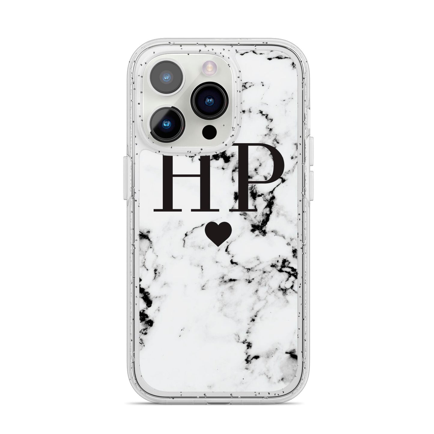 Heart Decal Marble Initials Personalised iPhone 14 Pro Glitter Tough Case Silver