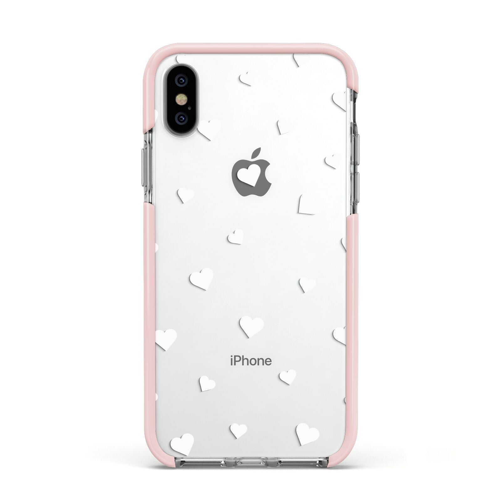 Heart Pattern Apple iPhone Xs Impact Case Pink Edge on Silver Phone