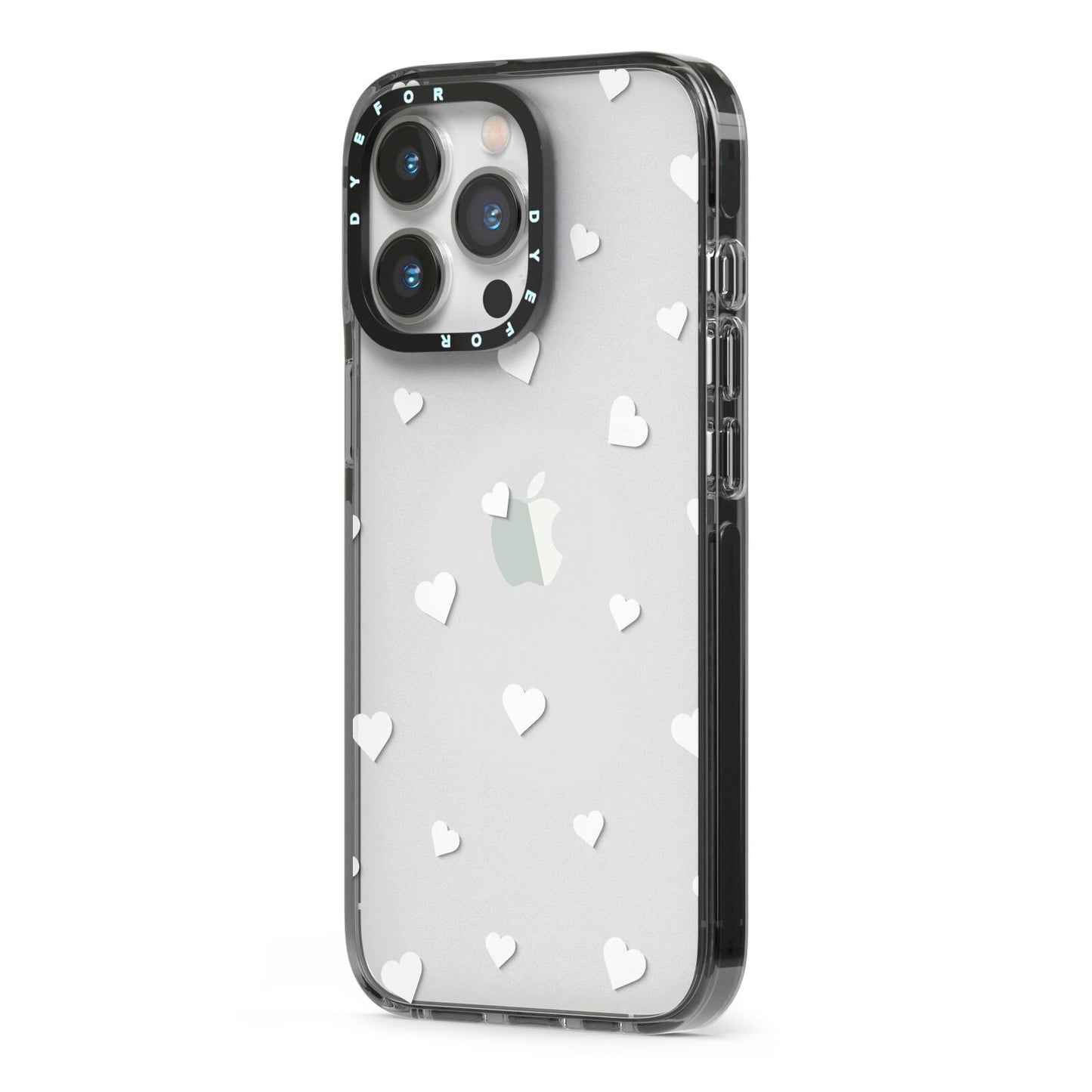 Heart Pattern iPhone 13 Pro Black Impact Case Side Angle on Silver phone