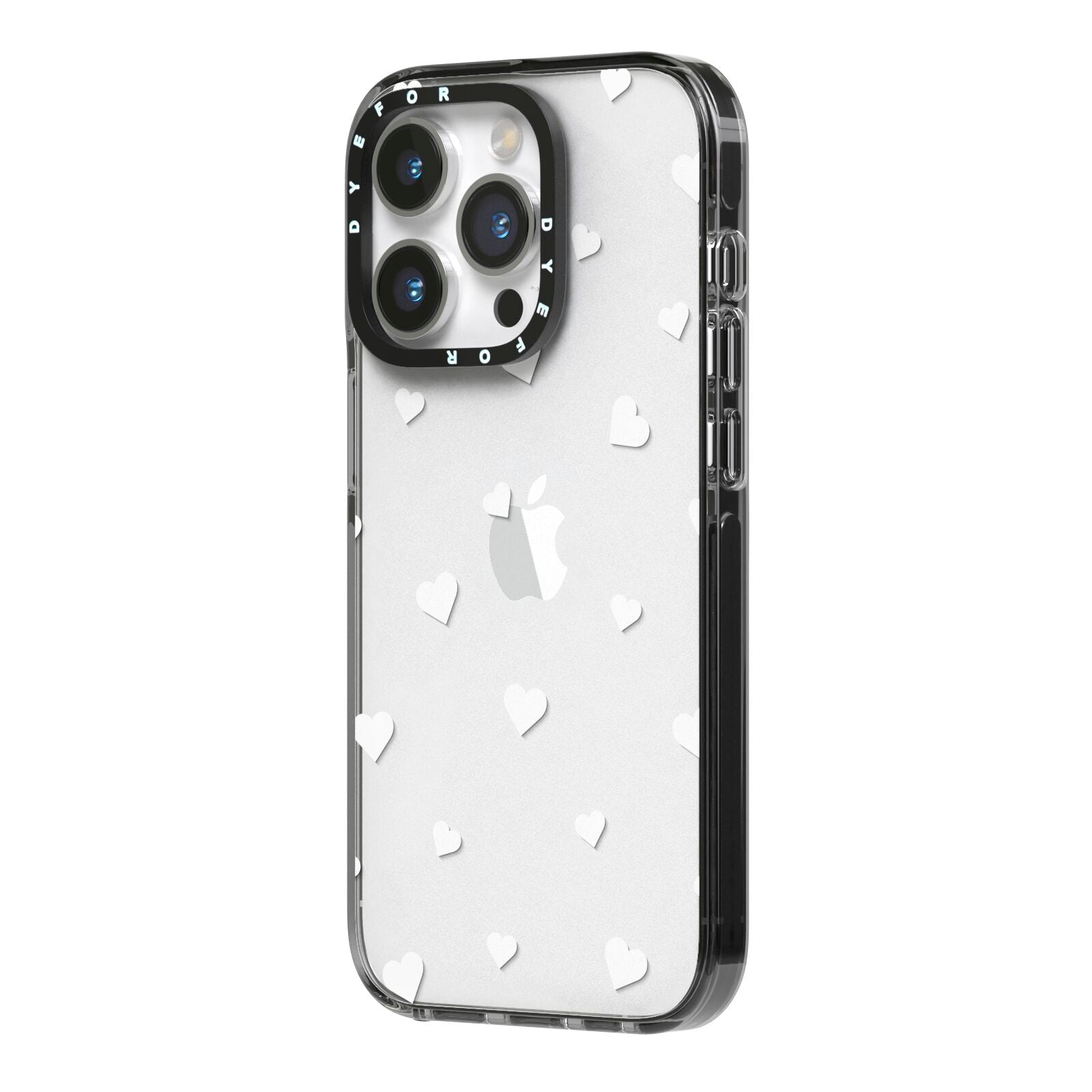 Heart Pattern iPhone 14 Pro Black Impact Case Side Angle on Silver phone