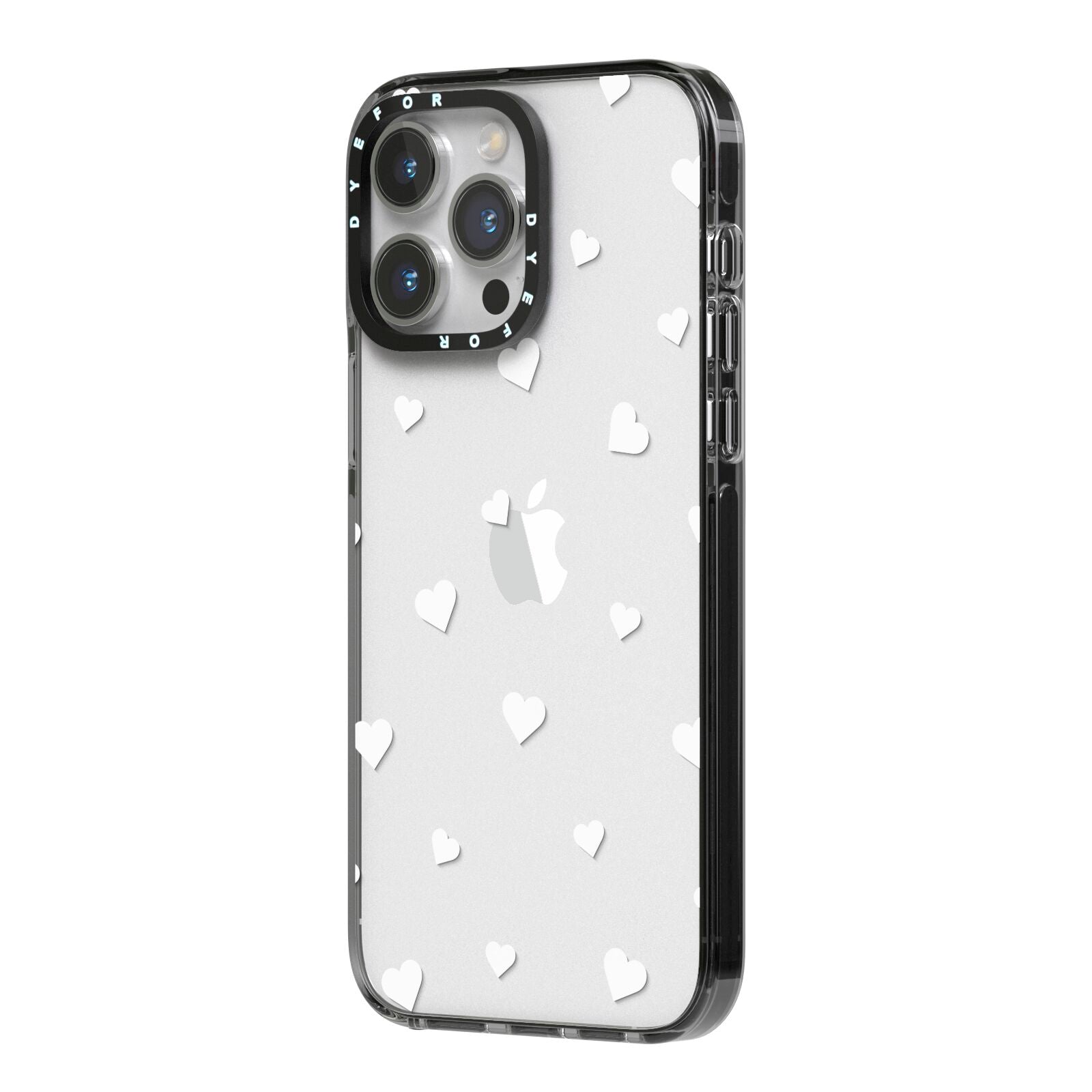 Heart Pattern iPhone 14 Pro Max Black Impact Case Side Angle on Silver phone