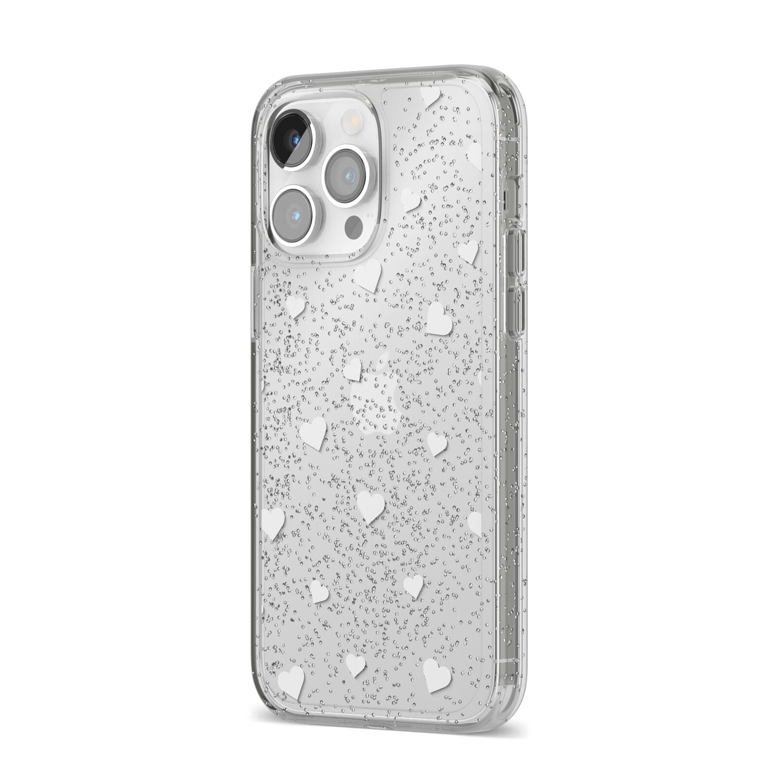 Heart Pattern iPhone 14 Pro Max Glitter Tough Case Silver Angled Image