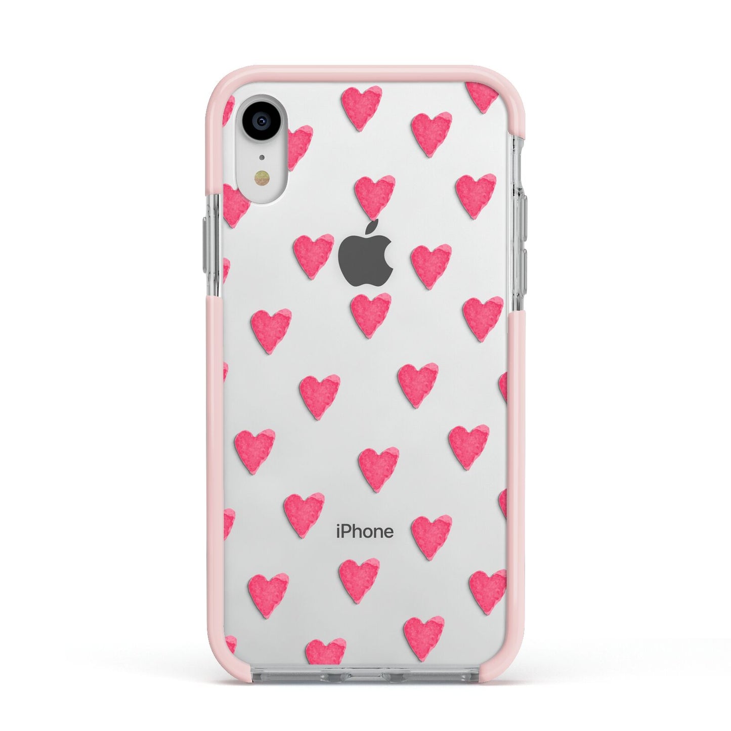 Heart Patterned Apple iPhone XR Impact Case Pink Edge on Silver Phone