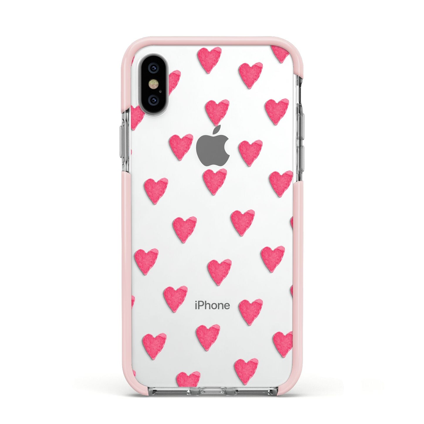 Heart Patterned Apple iPhone Xs Impact Case Pink Edge on Silver Phone