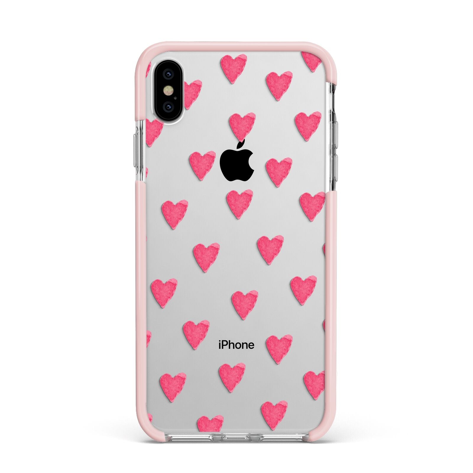 Heart Patterned Apple iPhone Xs Max Impact Case Pink Edge on Silver Phone