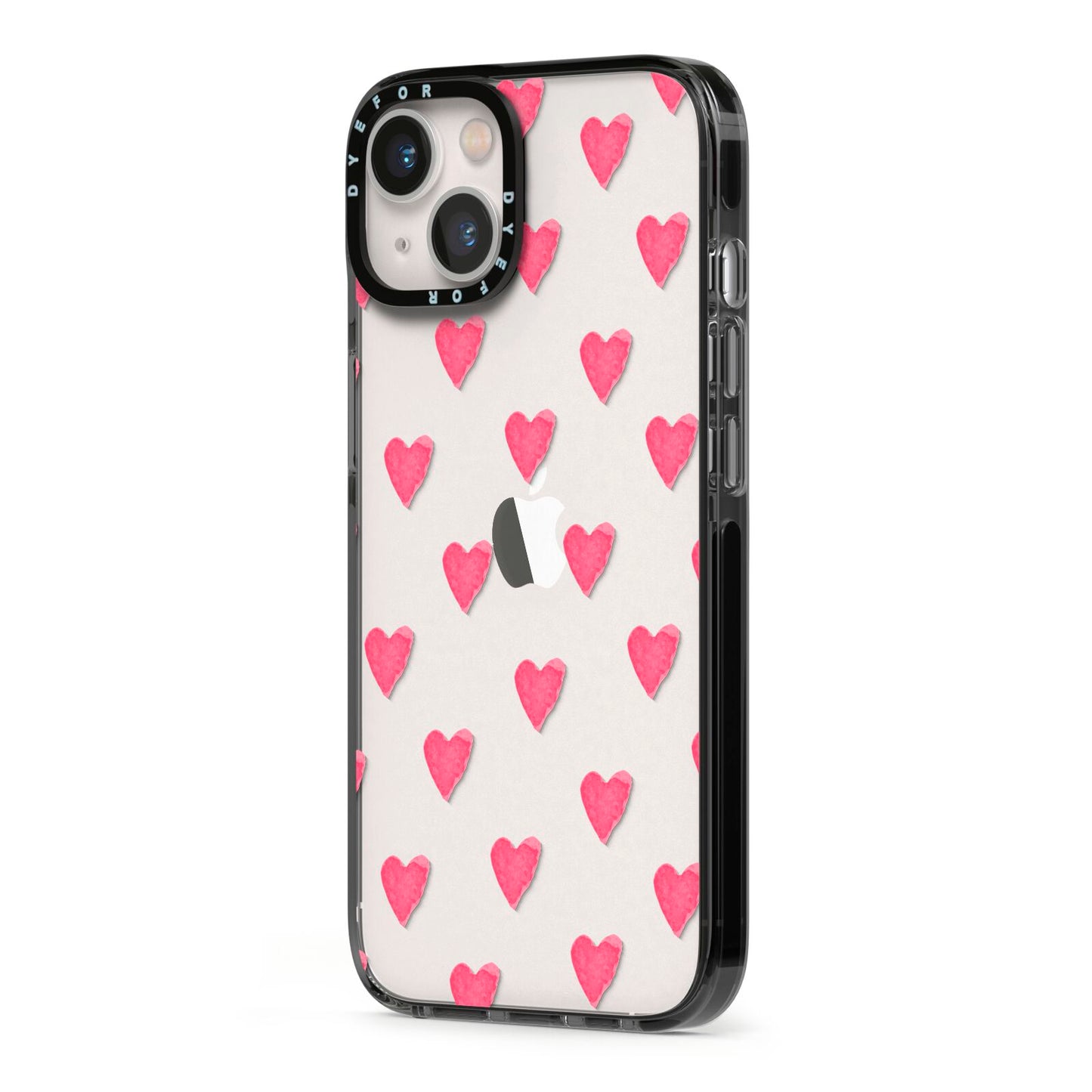 Heart Patterned iPhone 13 Black Impact Case Side Angle on Silver phone