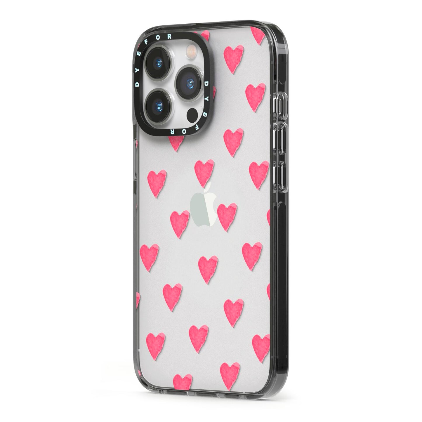 Heart Patterned iPhone 13 Pro Black Impact Case Side Angle on Silver phone