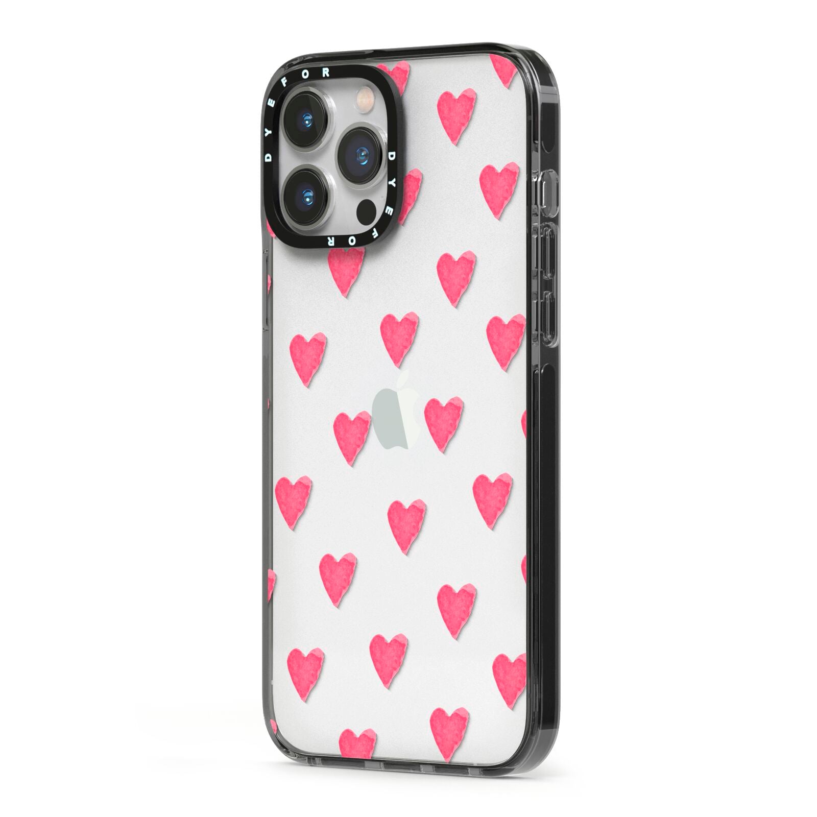 Heart Patterned iPhone 13 Pro Max Black Impact Case Side Angle on Silver phone