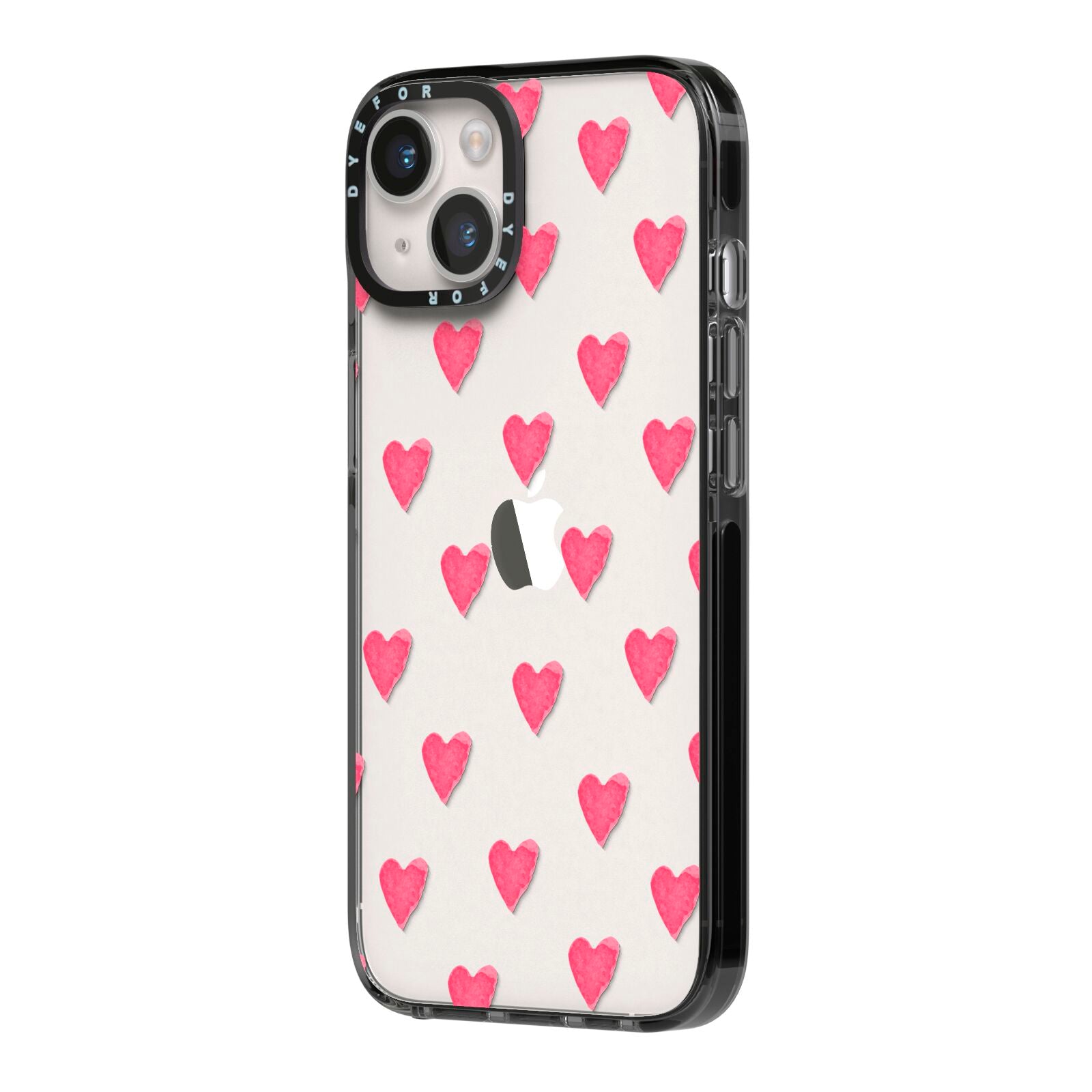 Heart Patterned iPhone 14 Black Impact Case Side Angle on Silver phone