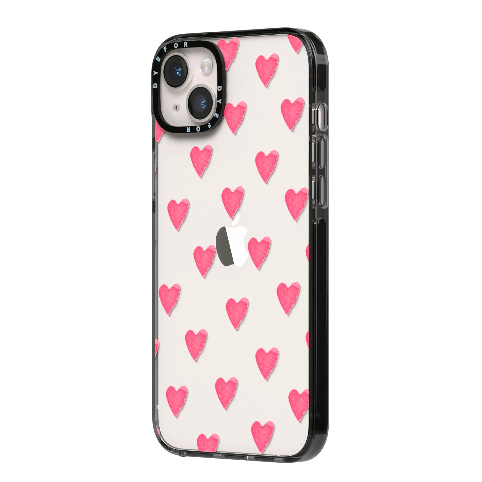 Heart Patterned iPhone 14 Plus Black Impact Case Side Angle on Silver phone