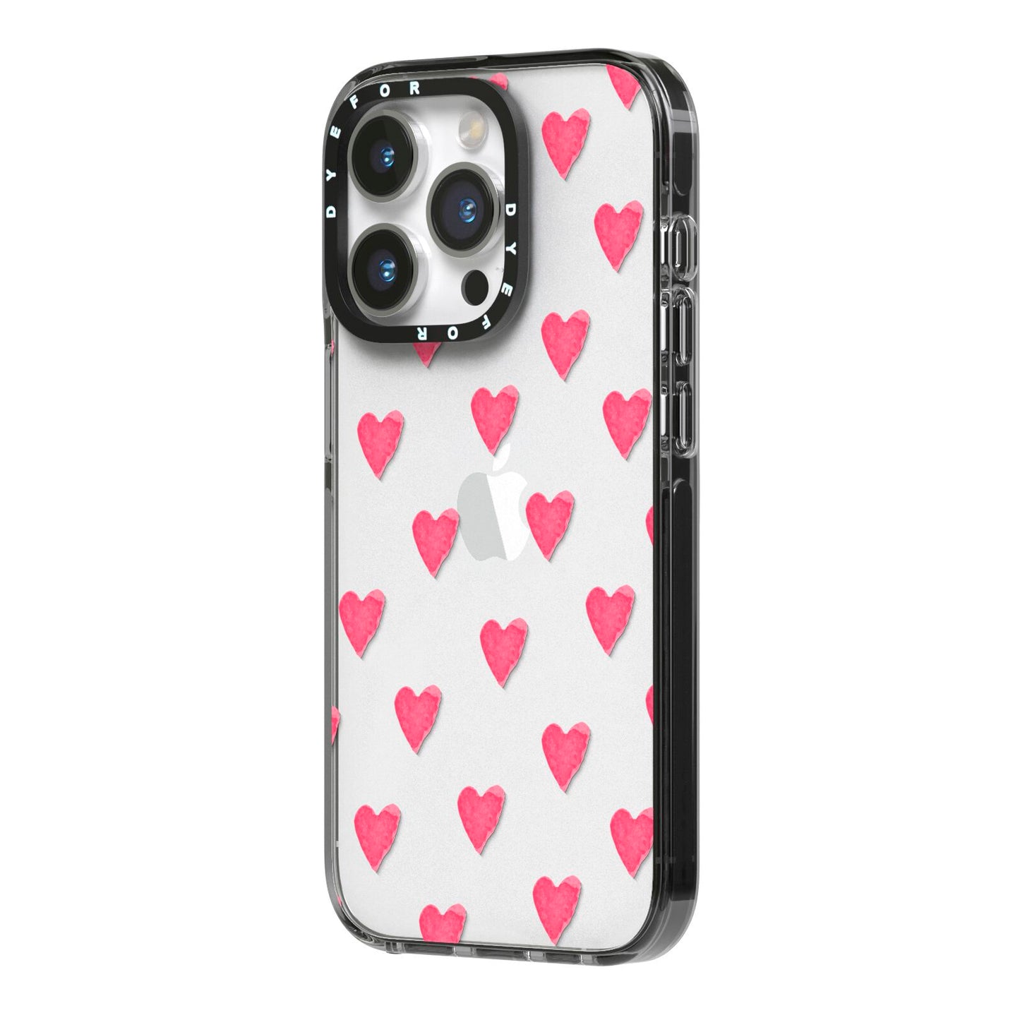 Heart Patterned iPhone 14 Pro Black Impact Case Side Angle on Silver phone