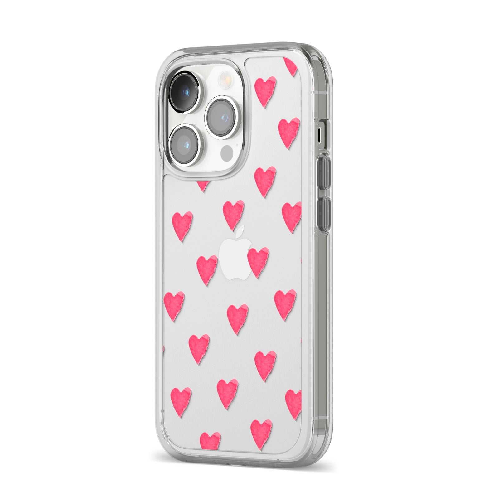 Heart Patterned iPhone 14 Pro Clear Tough Case Silver Angled Image