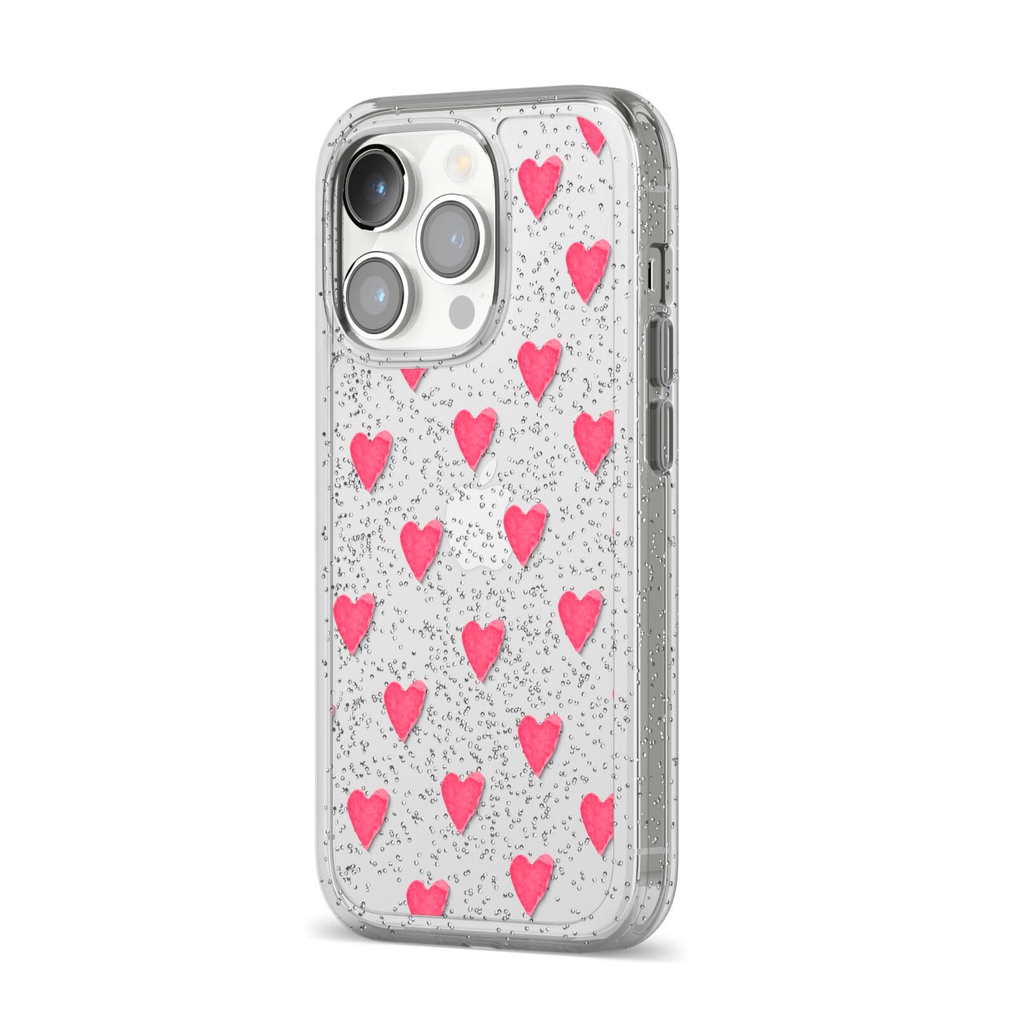 Heart Patterned iPhone 14 Pro Glitter Tough Case Silver Angled Image