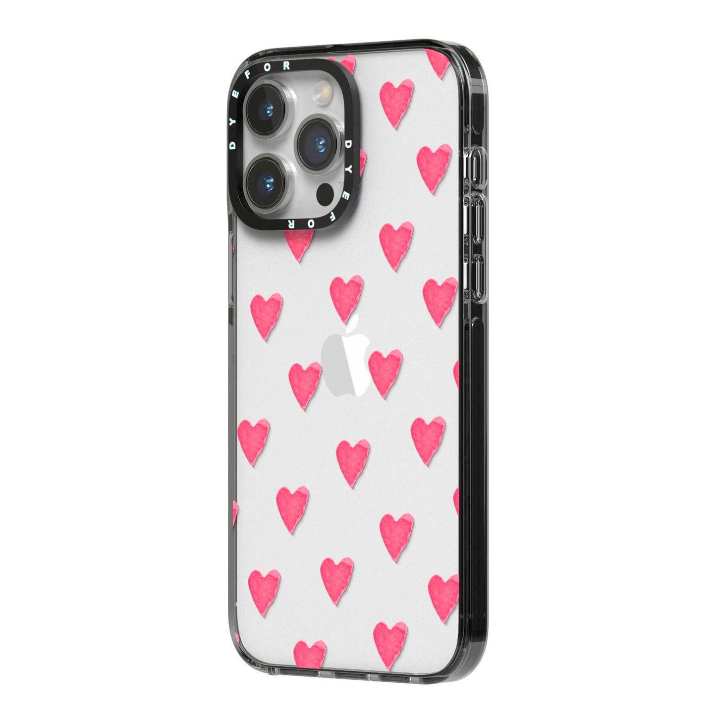 Heart Patterned iPhone 14 Pro Max Black Impact Case Side Angle on Silver phone