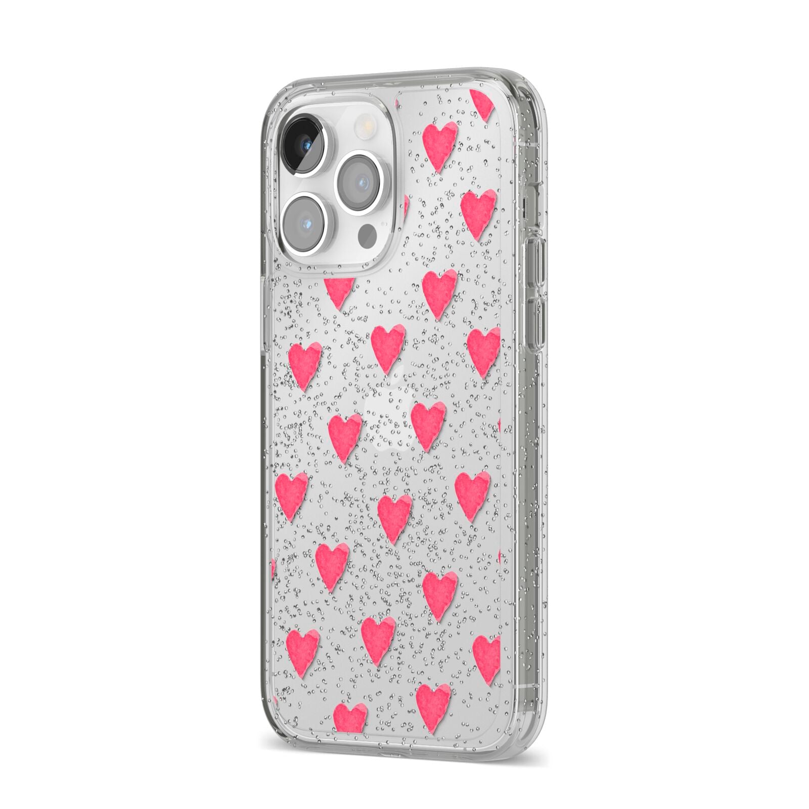 Heart Patterned iPhone 14 Pro Max Glitter Tough Case Silver Angled Image