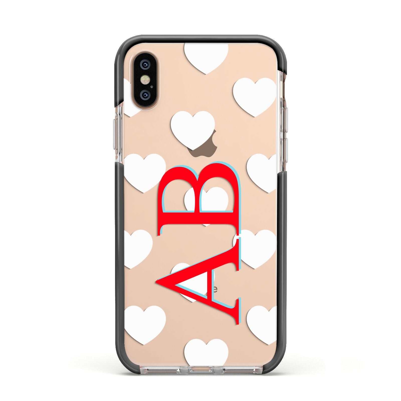 Heart Print Initials Apple iPhone Xs Impact Case Black Edge on Gold Phone