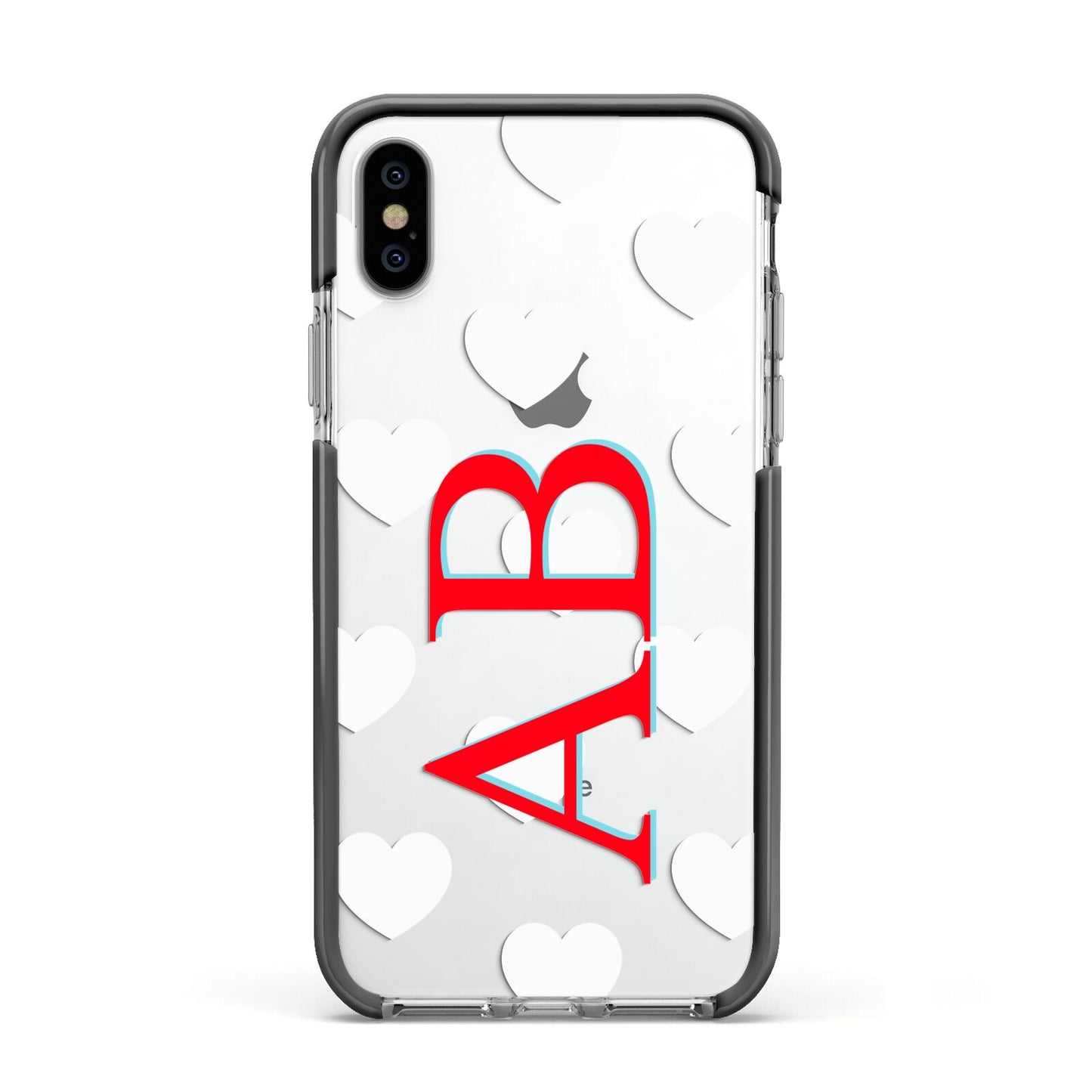 Heart Print Initials Apple iPhone Xs Impact Case Black Edge on Silver Phone