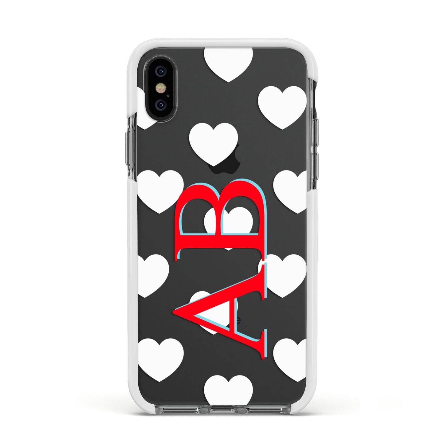 Heart Print Initials Apple iPhone Xs Impact Case White Edge on Black Phone