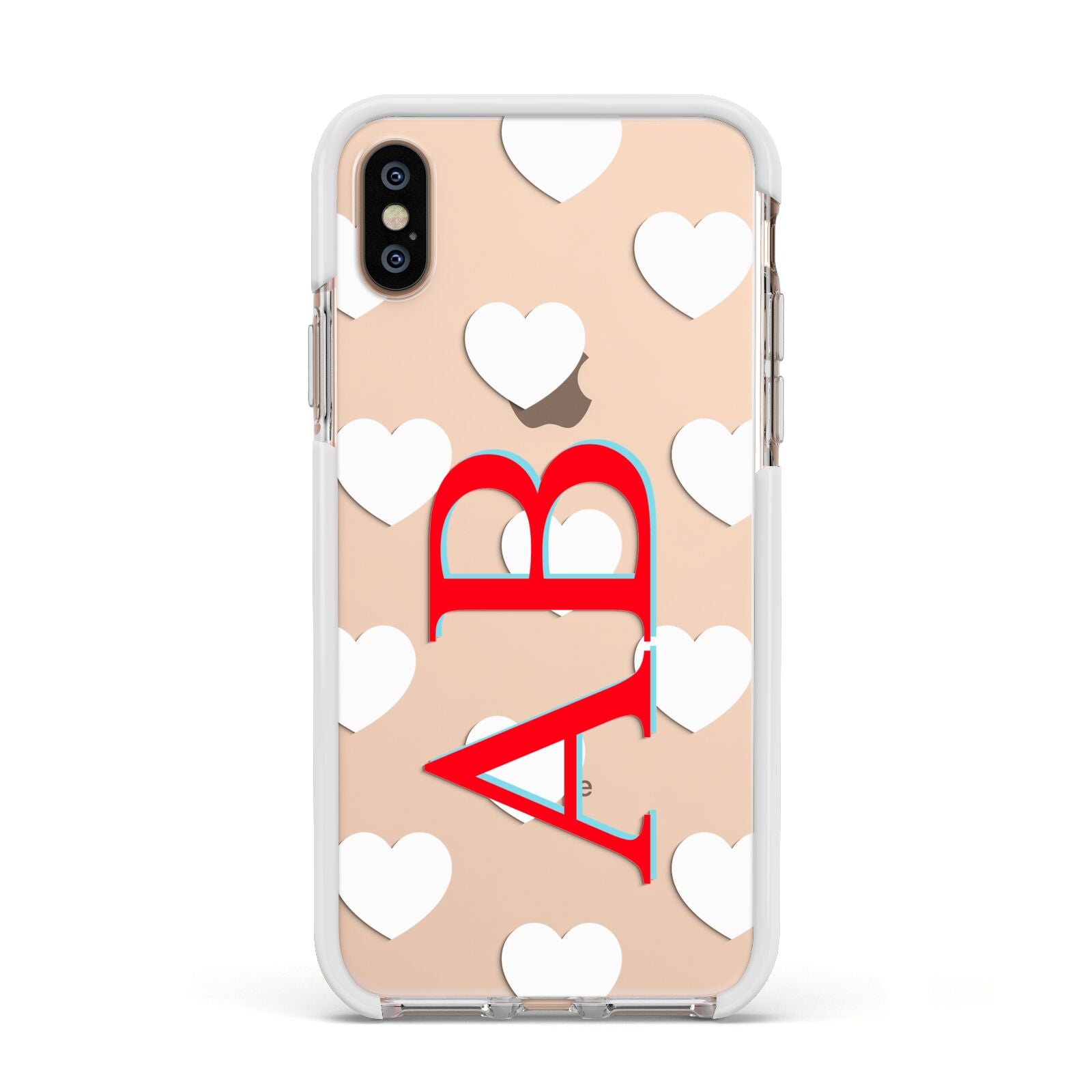 Heart Print Initials Apple iPhone Xs Impact Case White Edge on Gold Phone