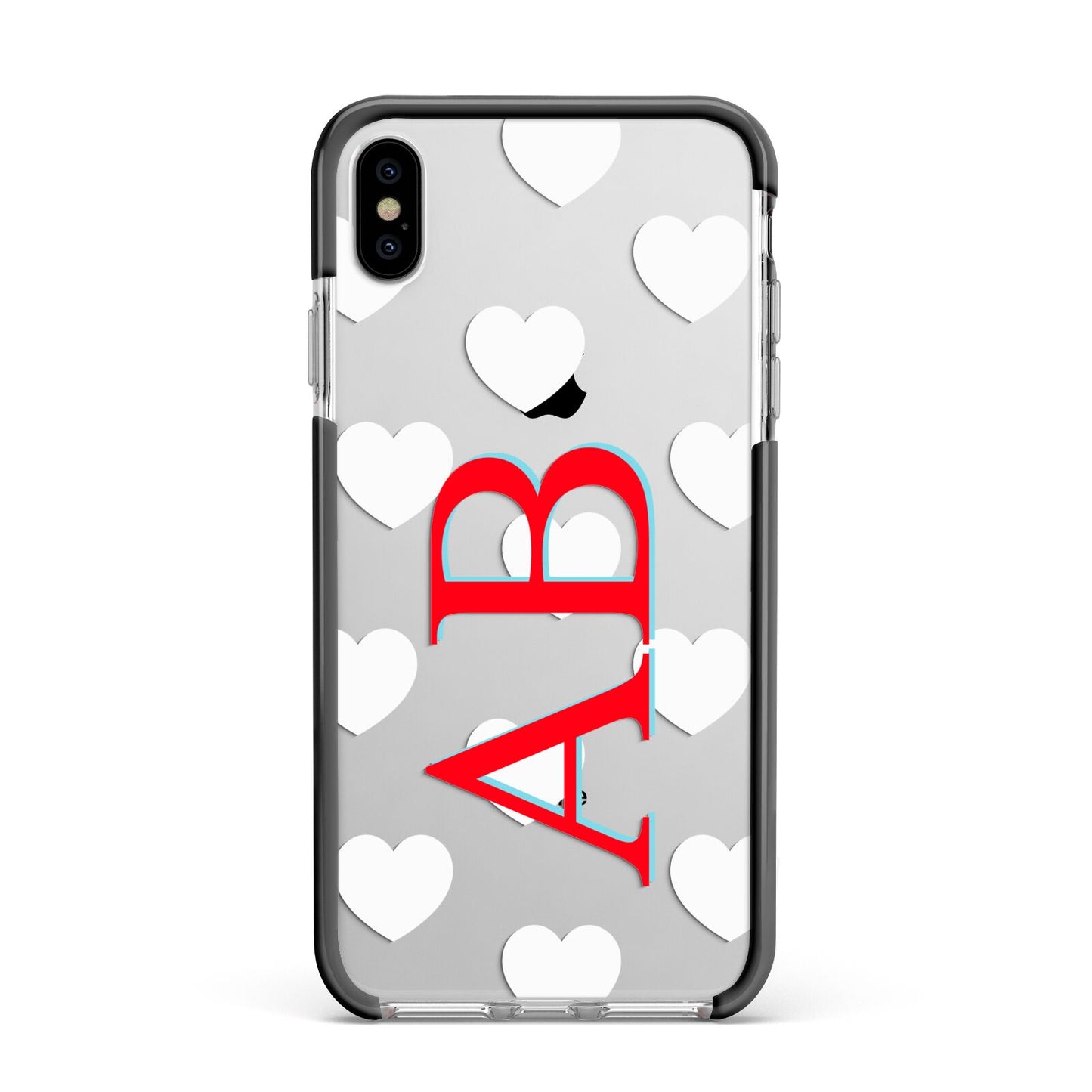 Heart Print Initials Apple iPhone Xs Max Impact Case Black Edge on Silver Phone