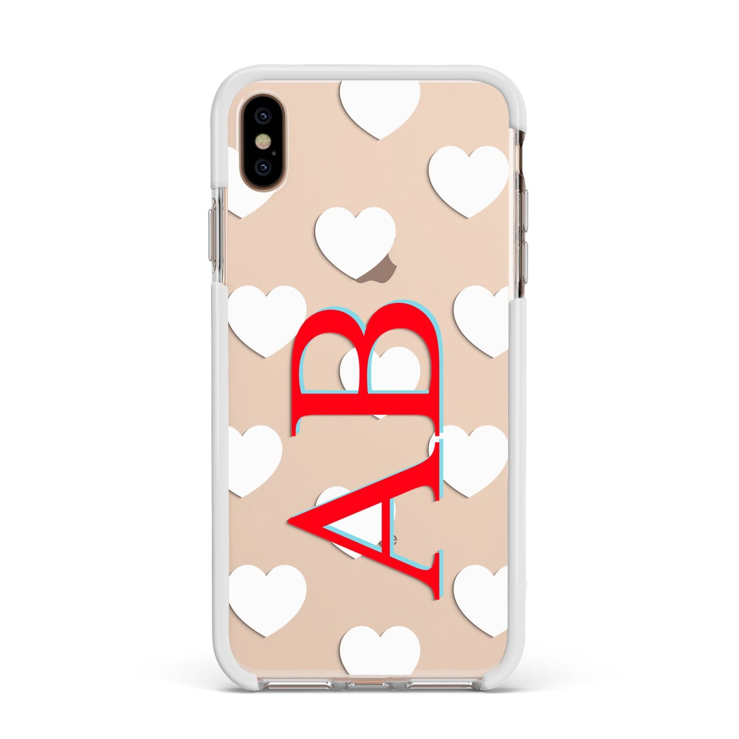 Heart Print Initials Apple iPhone Xs Max Impact Case White Edge on Gold Phone