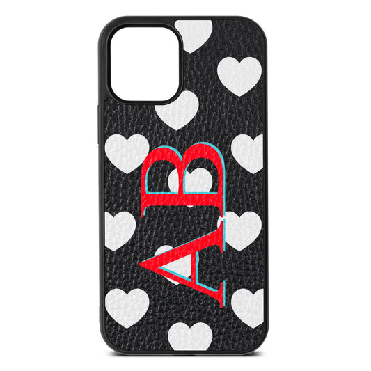 Heart Print Initials Black Pebble Leather iPhone 12 Case