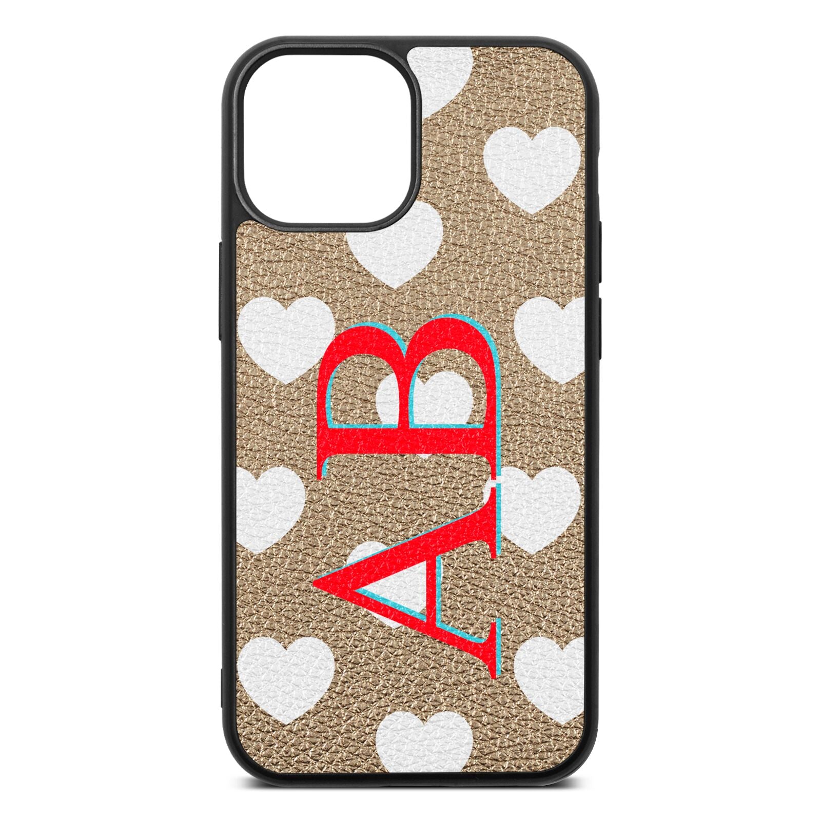 Heart Print Initials Gold Pebble Leather iPhone 13 Mini Case