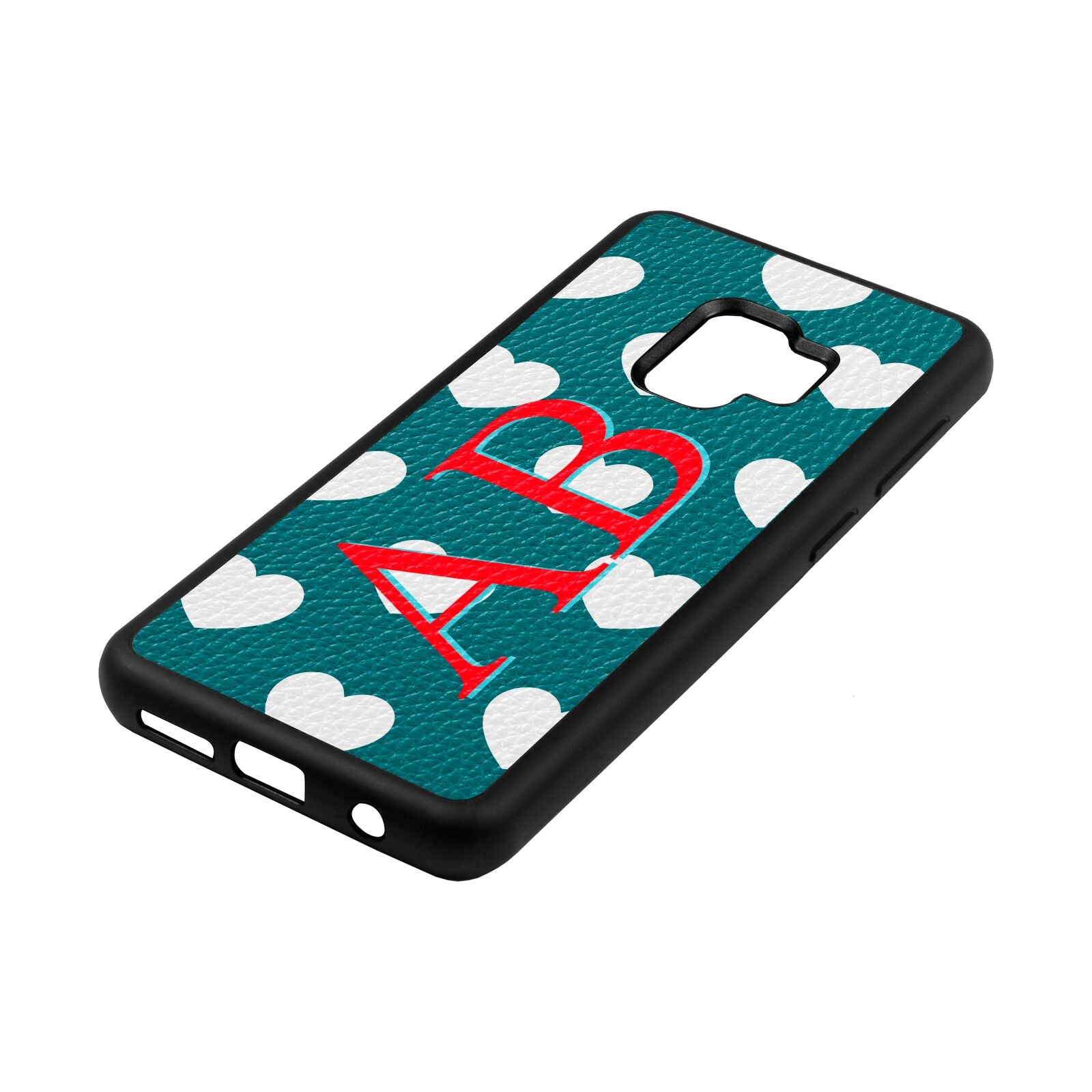 Heart Print Initials Green Pebble Leather Samsung S9 Case Side Angle