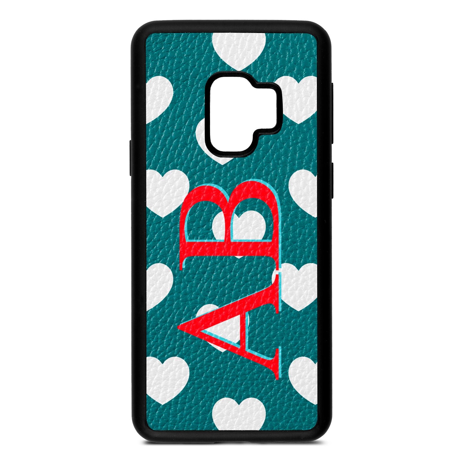 Heart Print Initials Green Pebble Leather Samsung S9 Case