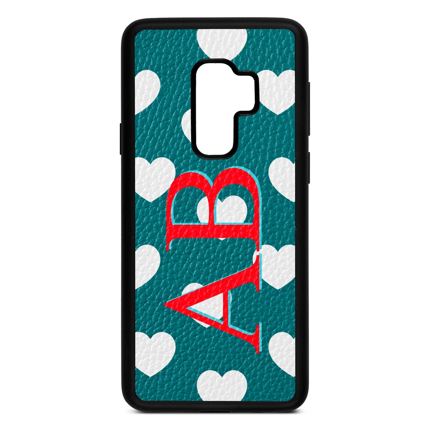 Heart Print Initials Green Pebble Leather Samsung S9 Plus Case