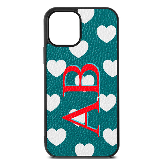 Heart Print Initials Green Pebble Leather iPhone 12 Case