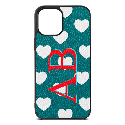 Heart Print Initials Green Pebble Leather iPhone 12 Pro Max Case