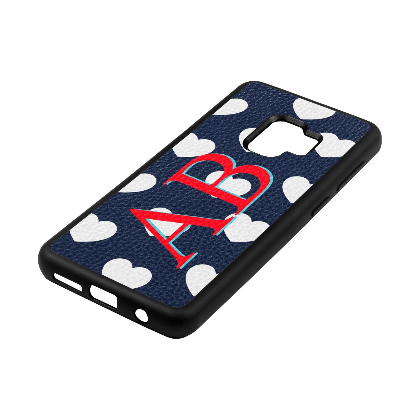 Heart Print Initials Navy Blue Pebble Leather Samsung S9 Case Side Angle