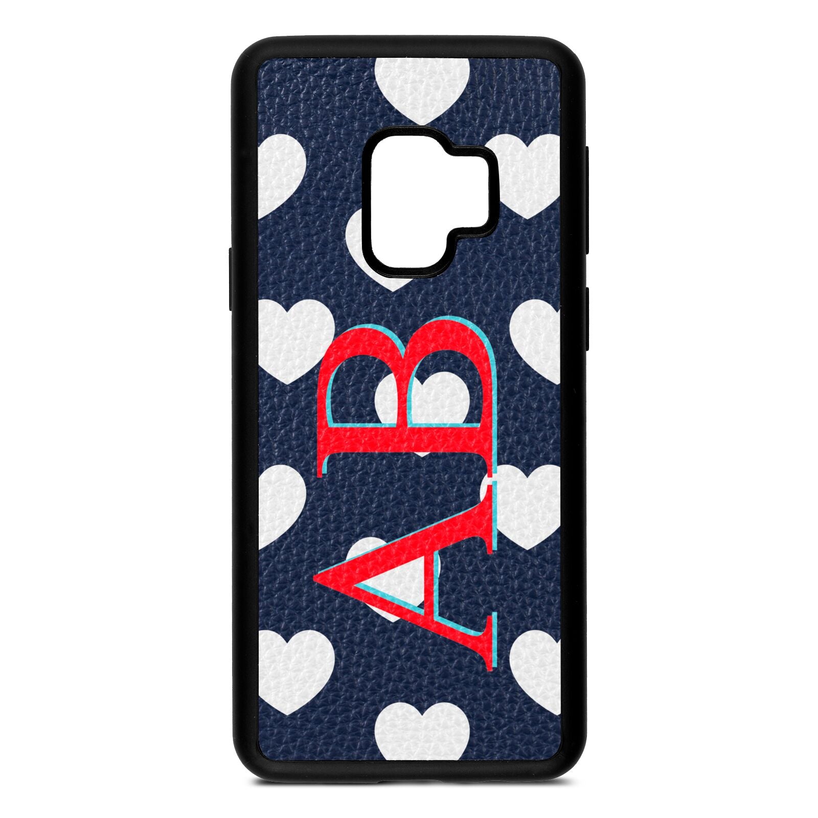 Heart Print Initials Navy Blue Pebble Leather Samsung S9 Case