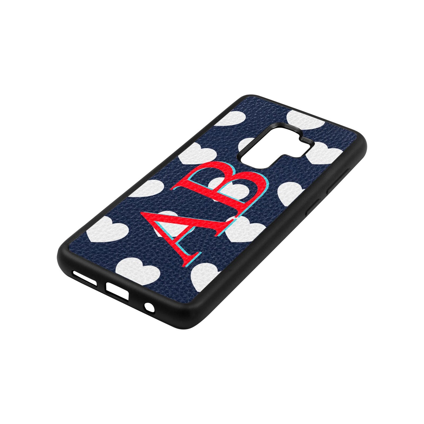 Heart Print Initials Navy Blue Pebble Leather Samsung S9 Plus Case Side Angle