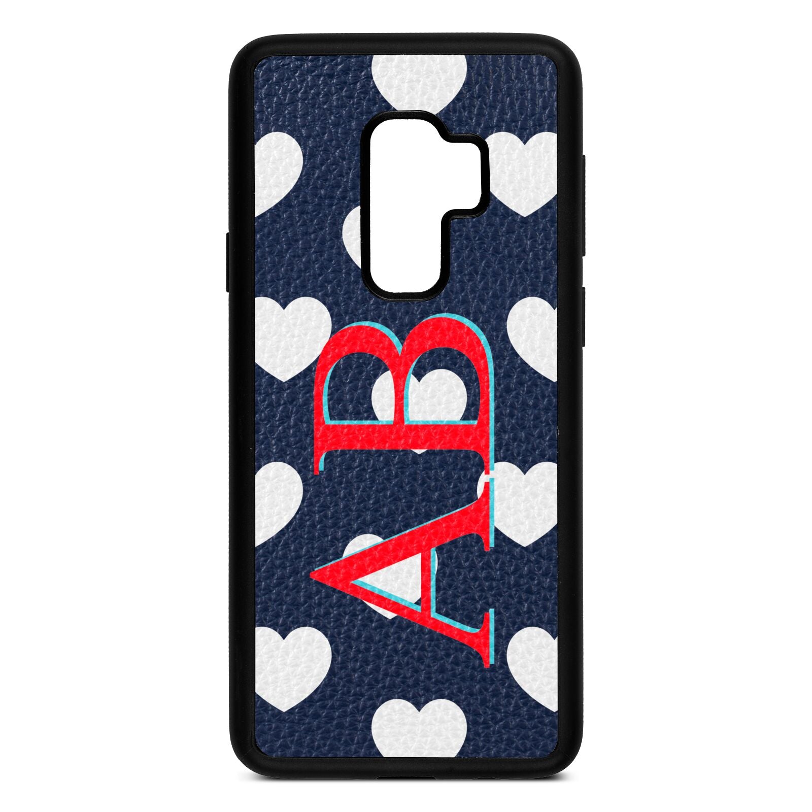 Heart Print Initials Navy Blue Pebble Leather Samsung S9 Plus Case