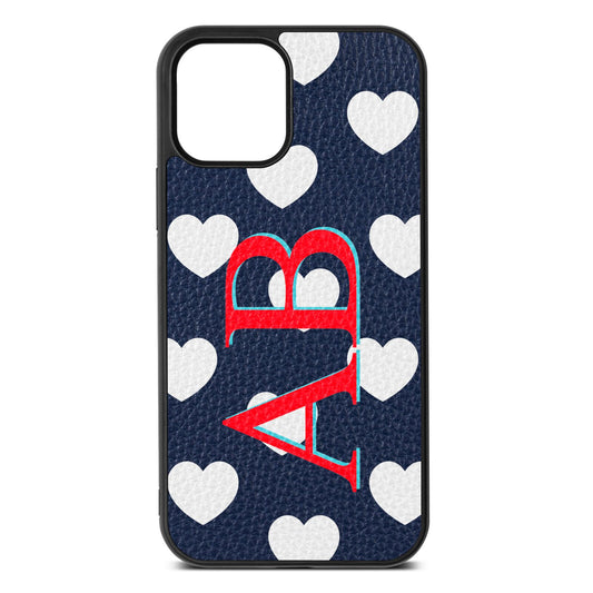 Heart Print Initials Navy Blue Pebble Leather iPhone 12 Case