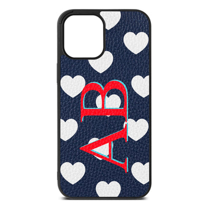 Heart Print Initials Navy Blue Pebble Leather iPhone 12 Pro Max Case